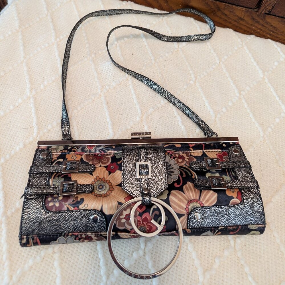 Guess Floral Satin Clutch Shoulder Bag Purse